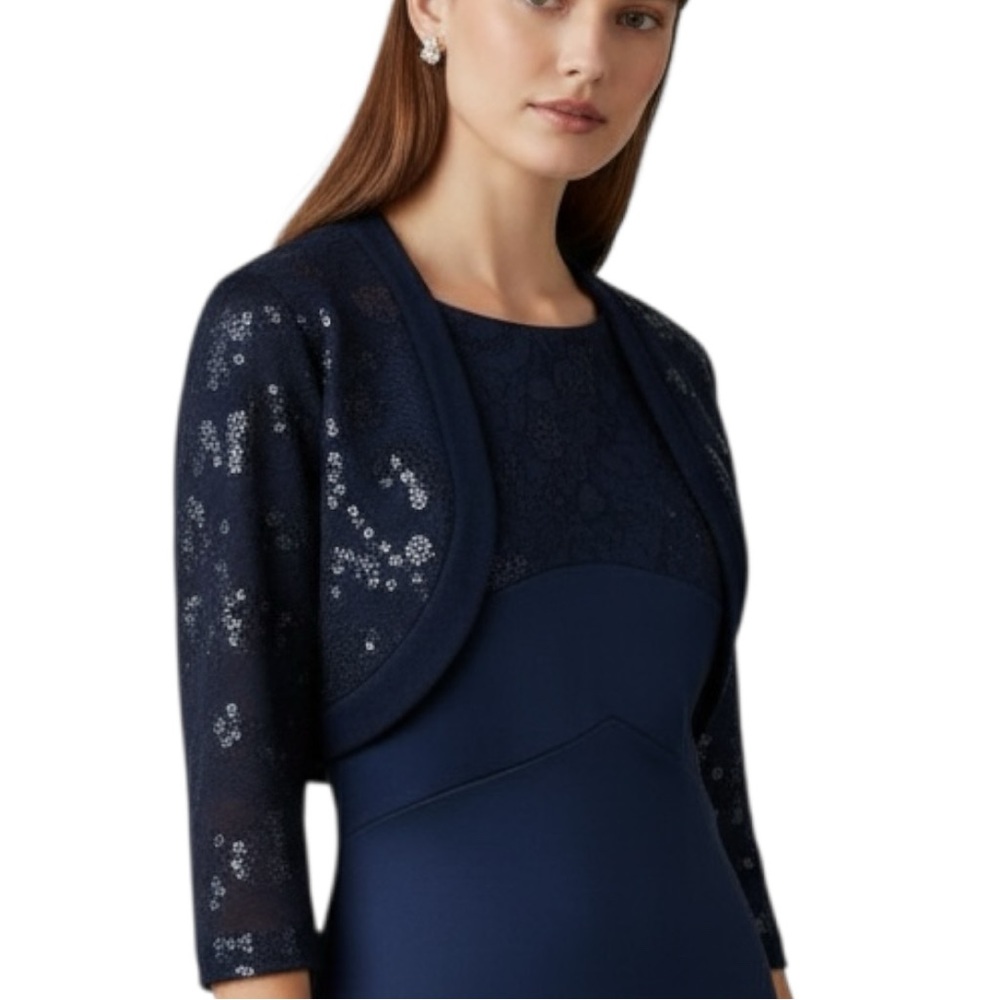 Adrianna Papell Navy Blue Sheath Dress Silver Sequin Bolero Jacket โ Formal Set